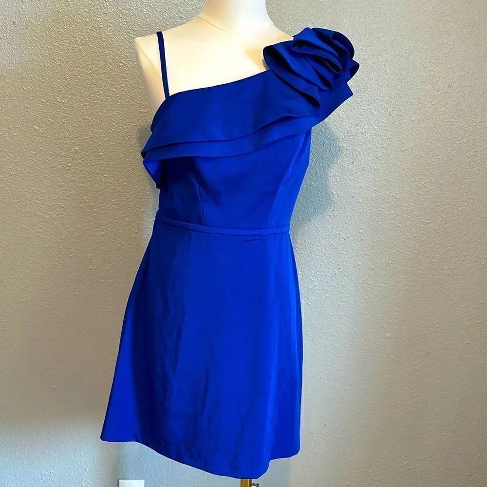 NEW leena for Mac Duggal women’s one shoulder ruffle midi dress size 6